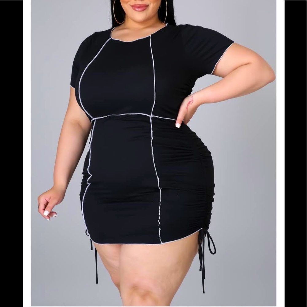 Black Plus Mini Dress with Drawstring Sides